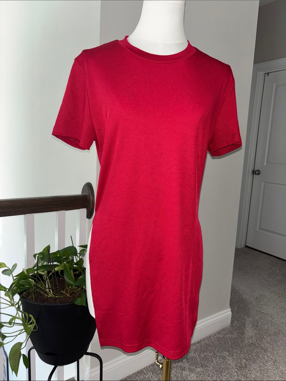 Red Short Sleeve Ribbed Shirt